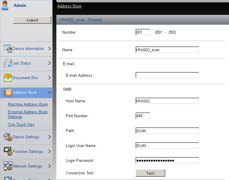 example of settings for connecting to a folder on a PC